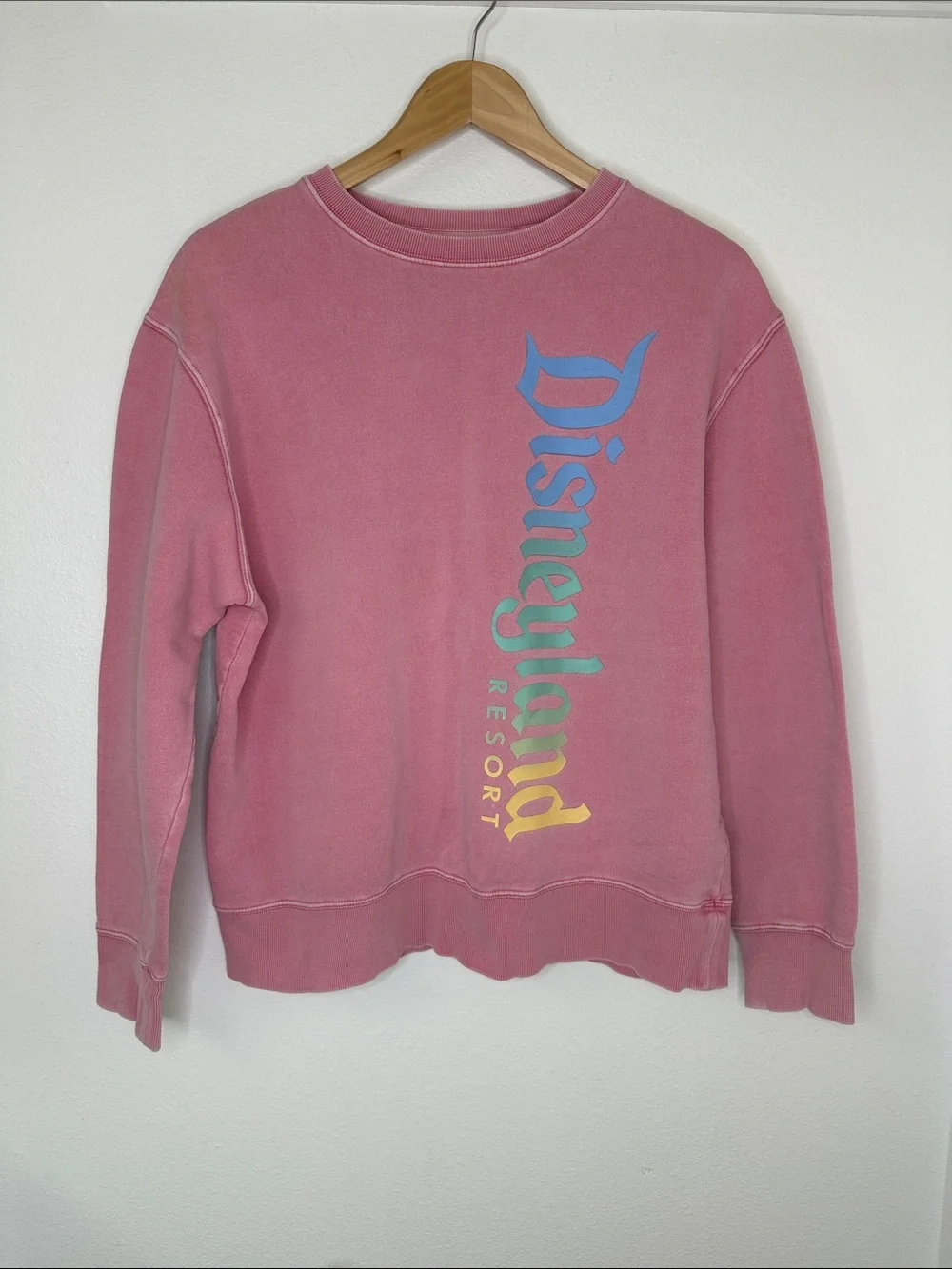 Disney Disneyland Resort Pink Crewneck Sweatshirt with Rainbow Vertical Logo